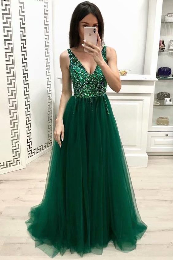 Long Party Dresses 2019 Women Dark Green Tulle Formal Dresses Featuring Rhinestone Beaded Bodice With Deep V Neckline -- Long Elegant Prom