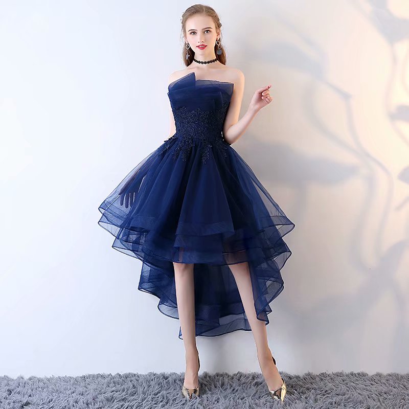 Navy Blue Prom Dress ,high Low Graduation Dresses,short Party Dresses,tulle Strapless Lace Applique Evening Dresses