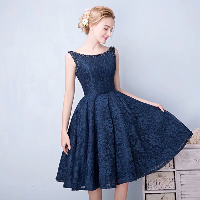 Navy Blue Lace Dress,short Prom Dress,graduation Dresses,short Party Dresses,knee Length Scoop Neckline Evening Dresses