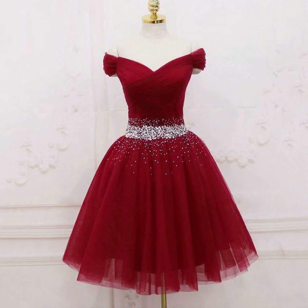 Cap Sleeve Burgundy Homecoming Dresses,graduation Dresses,short Party Dresses,knee Length Beaded V Neck Evening Dresses