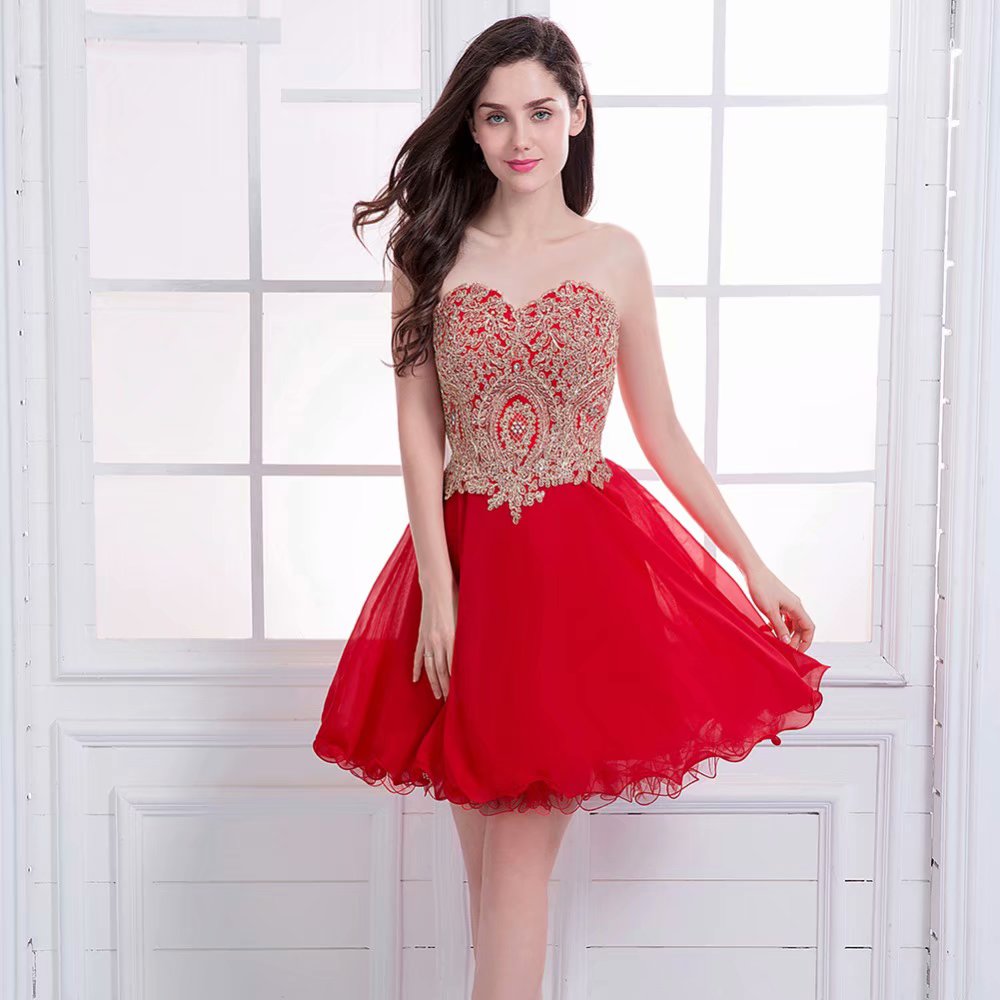 Red Lace Applique Short Prom Dress With Sweetheart Neckline, Graduation Dresses,short Party Dresses,knee Length Strapless Evening Dresses