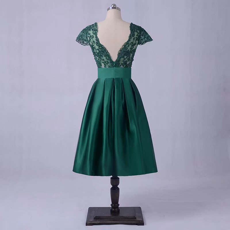 knee length dark green dress open lace back dress Charming Dark Green Tulle Knee Length Short Sleeves  Party Dress, Green  Cutedressy