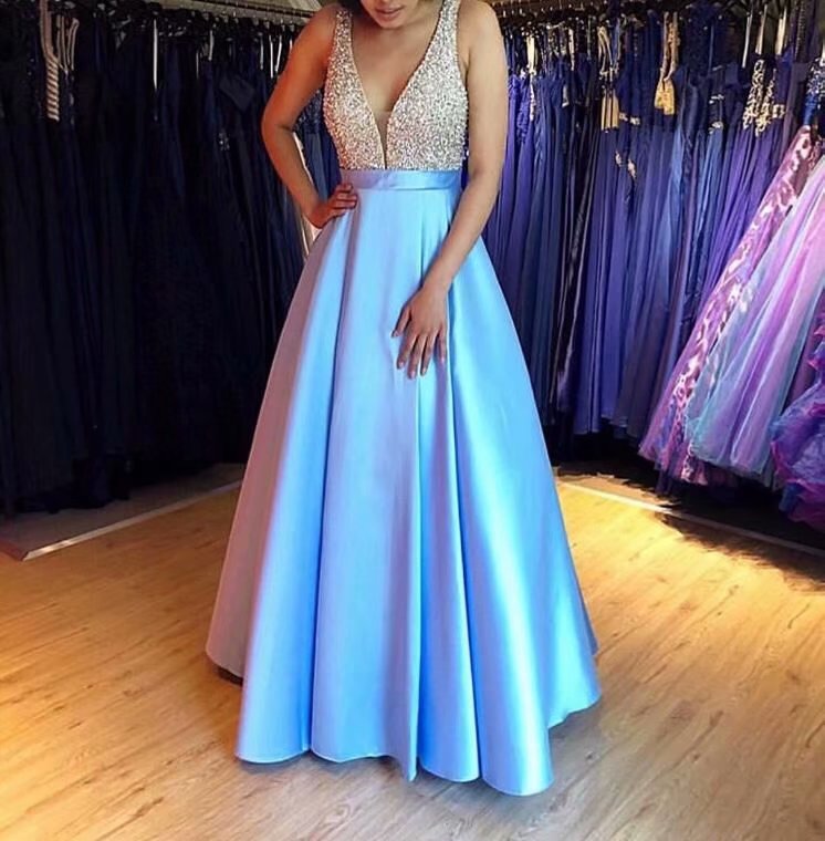 2019 Beaded Light Blue Beading A-line Prom Dresses,Cheap Prom Dress,Prom Dresses For Teens,Satin Evening Dresses