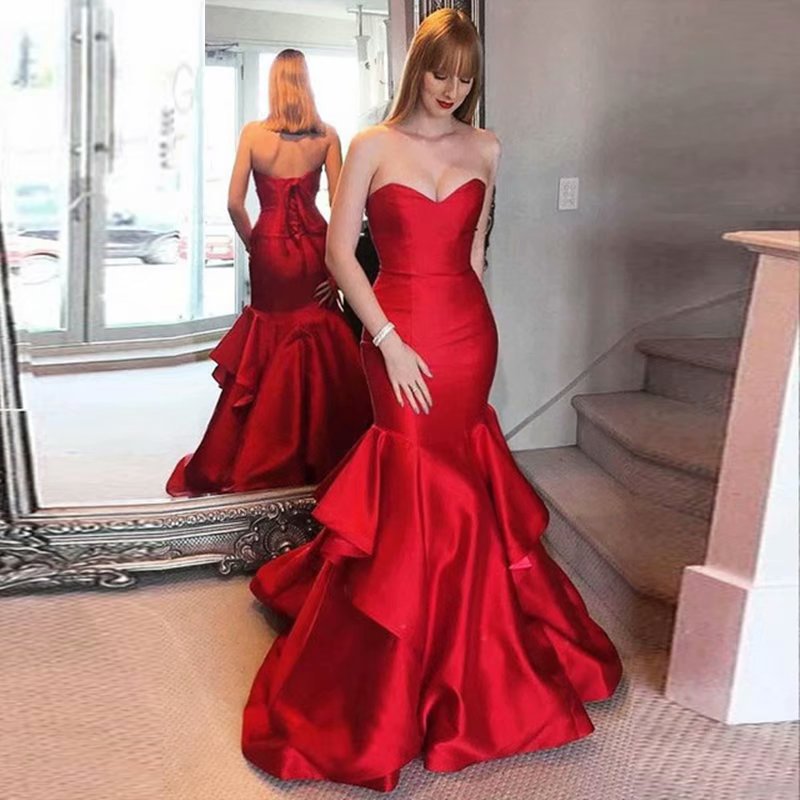 Long Red Mermaid Prom Dresses, Prom Dress,prom Dresses For Teens,strapless Satin Evening Dresses