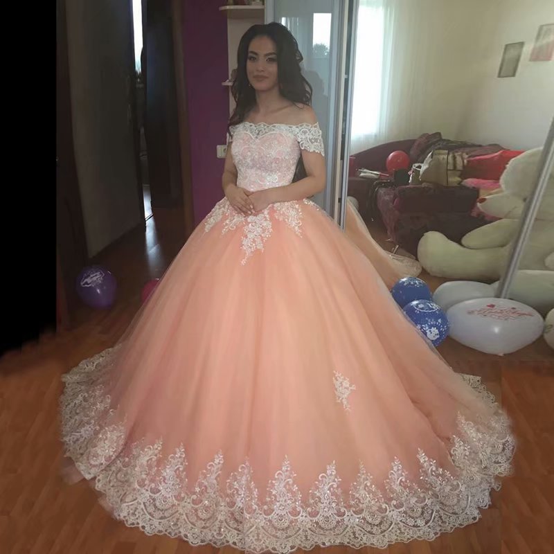 New Coral Lace Applique Ball Gown Prom Dresses,Cheap Prom Dress,Prom Dresses For Teens,Off The Shoulder Tulle Evening Dresses