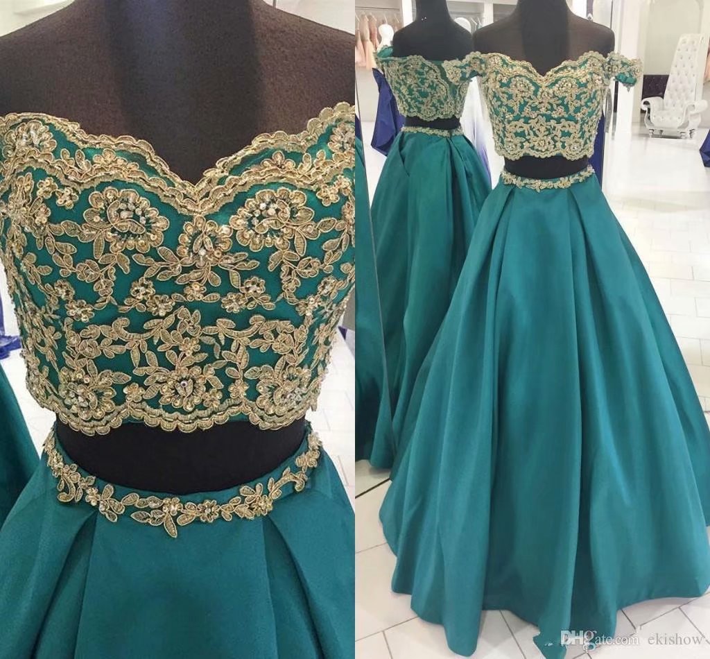 Prom Gowns Teal Green Two Piece Prom Dresses, Prom Dress,prom Dresses For Teens,satin Applique Off-shoulder Evening Dresses