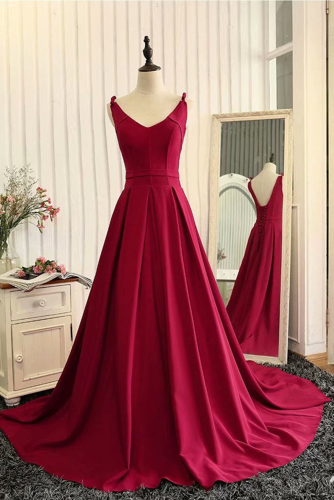 Party Dress Burgundy V Neck A-line Prom Dresses, Prom Dress,prom Dresses For Teens,chapel Train Evening Dresses