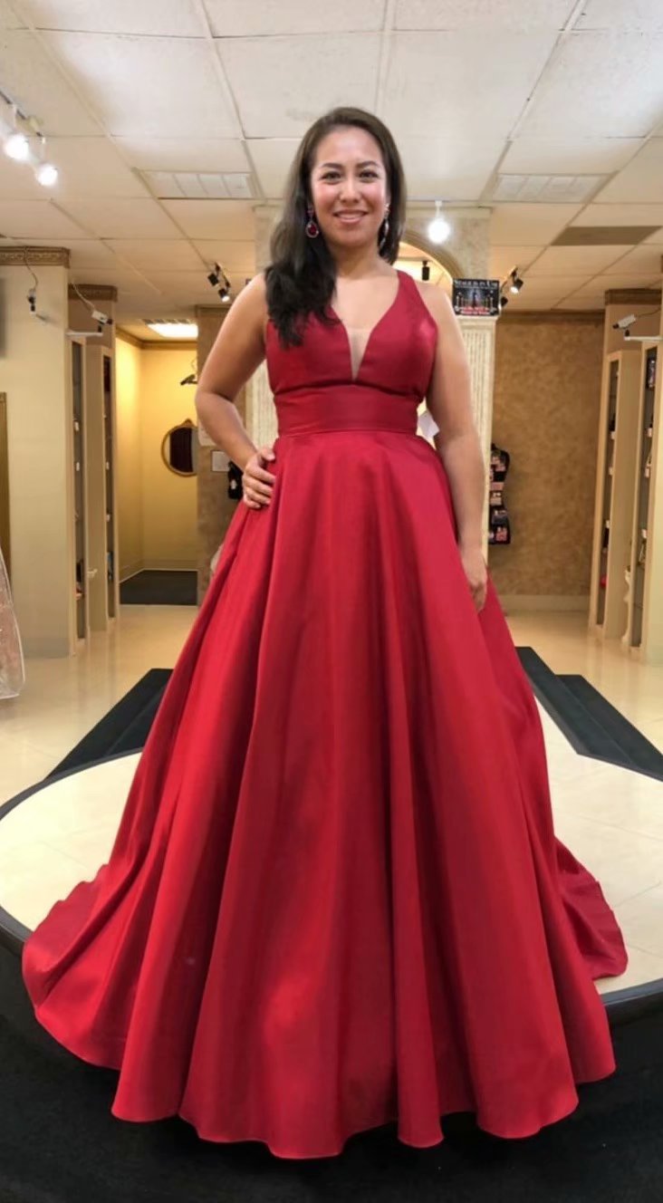 Red Women Gowns A-line Prom Dresses, Prom Dress,prom Dresses For Teens,satin V Neck Evening Dresses