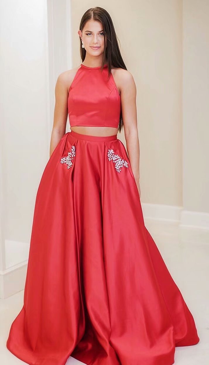 Red Evening Dress Two Piece Prom Dresses With Pockets, Prom Dress,prom Dresses For Teens,satin Evening Dresses