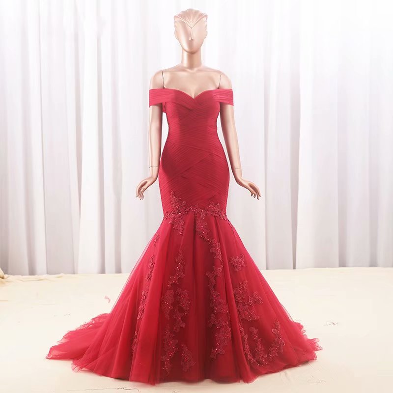 Charming Party Dress Red Mermaid Prom Dresses, Prom Dress,prom Dresses For Teens,tulle Applique Off Shoulder Evening Dresses
