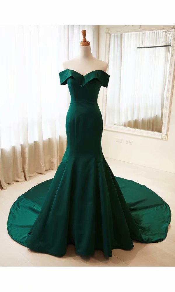 Dark Green Formal Gowns Mermaid Prom Dresses, Prom Dress,prom Dresses For Teens,satin Off Shoulder Chapel Train Evening Dresses