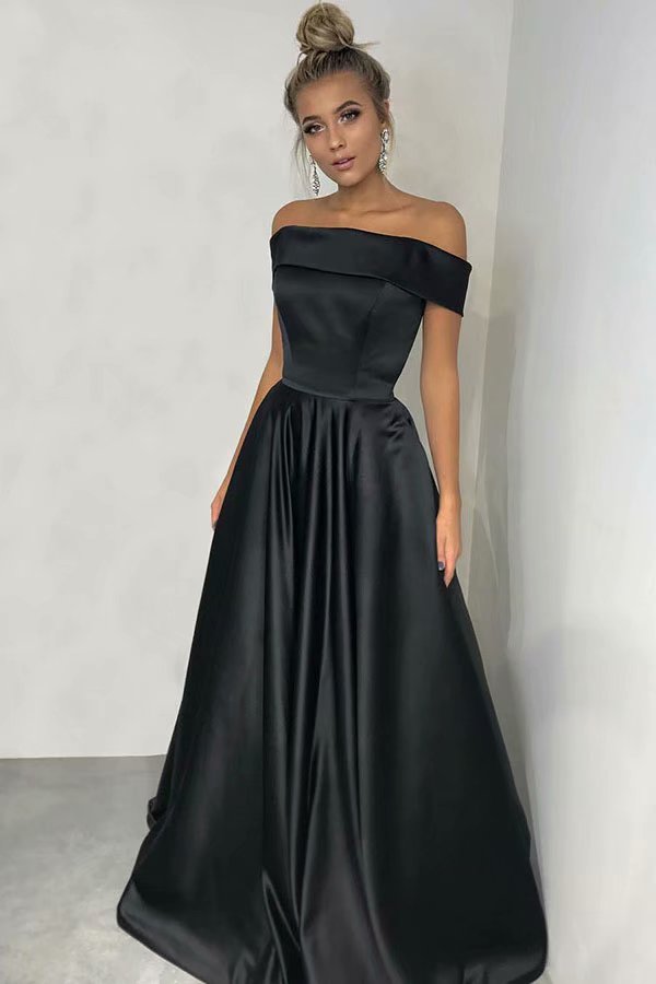 2019 Black Boat Neck A-line Prom Dresses, Prom Dress,prom Dresses For Teens,satin Strapless Simple Evening Dresses