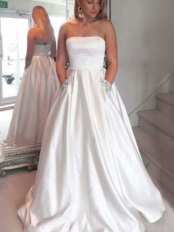 2019 White Strapless A-line Prom Dresses, Prom Dress With Pockets,prom Dresses For Teens,satin Evening Dresses