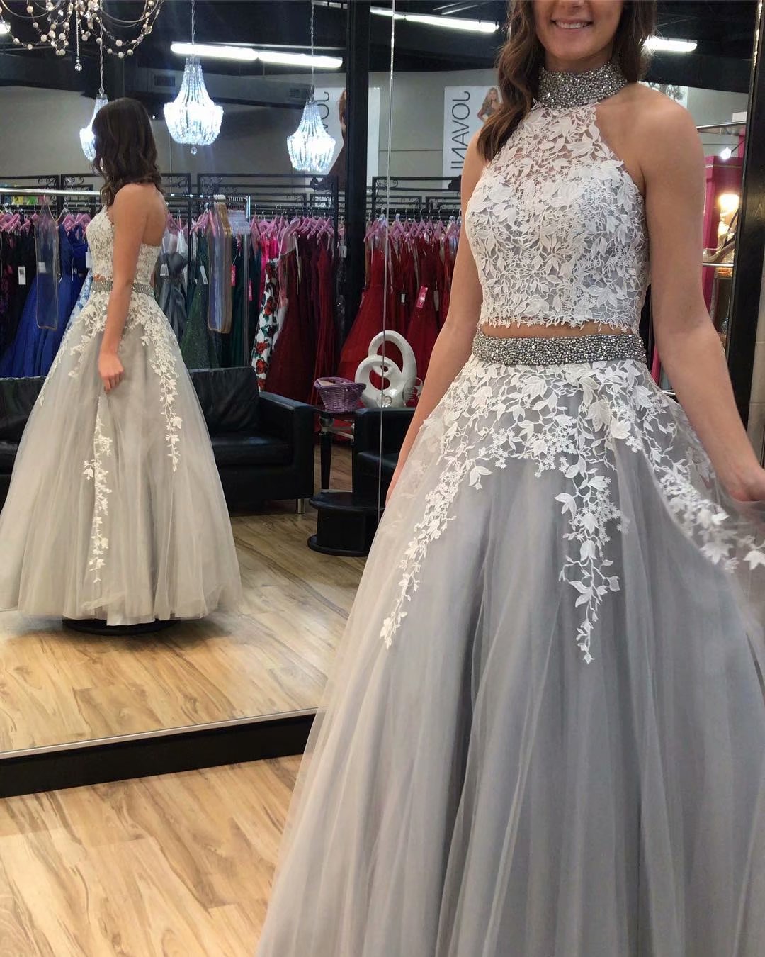 Grey Prom Gowns Two Piece A-line Prom Dresses, Prom Dress,prom Dresses For Teens,tulle Applique Halter Evening Dresses