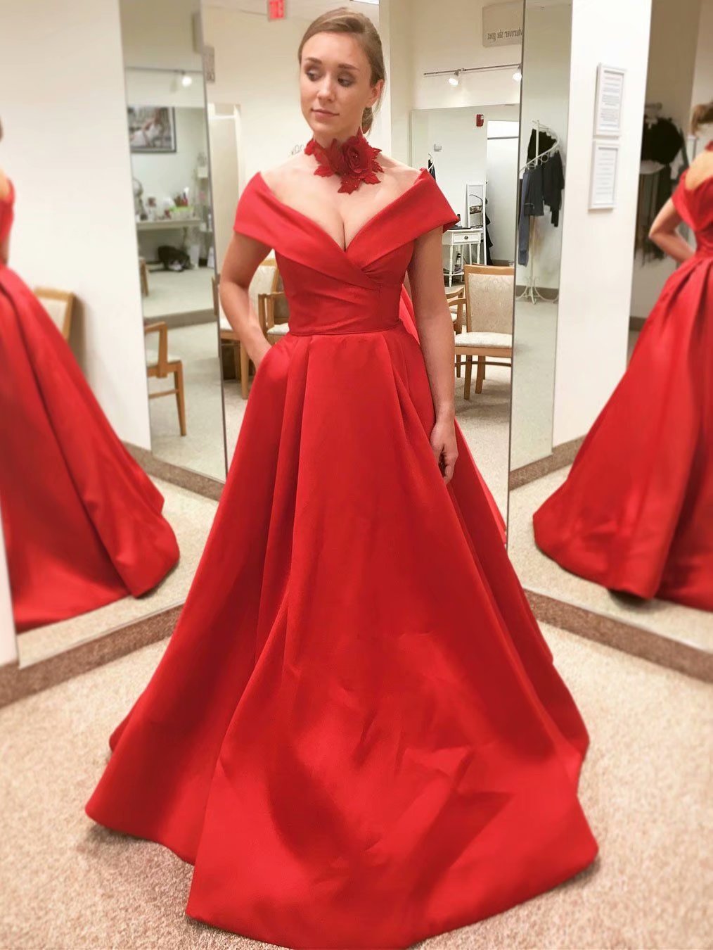 Red Evening Formal Gowns V Neck A-line Prom Dresses, Prom Dress,prom Dresses For Teens,satin Simple Evening Dresses