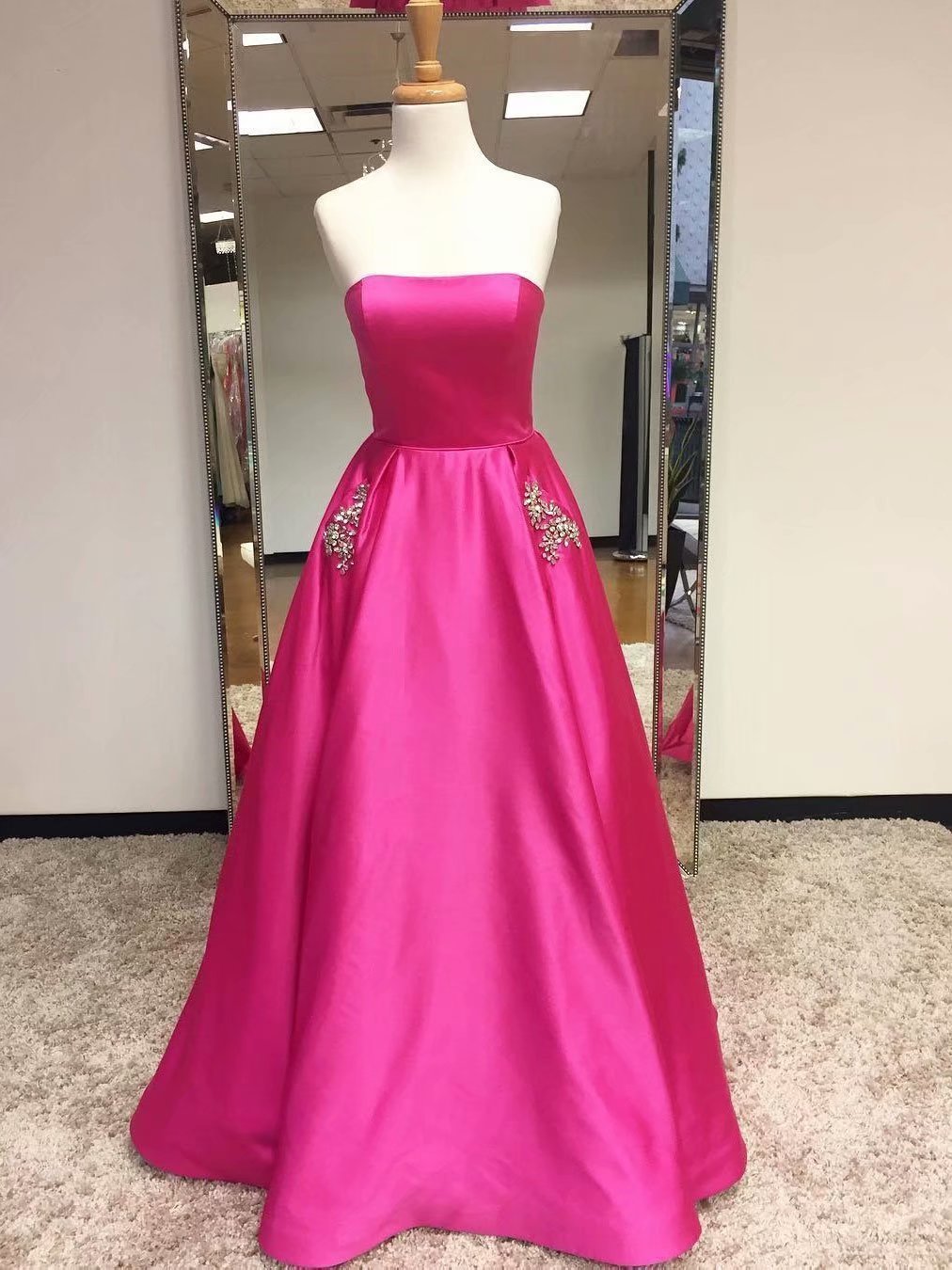 Fashion Fuschia A-line Prom Dresses With Pockets, Prom Dress,prom Dresses For Teens,2019 Satin Evening Dresses