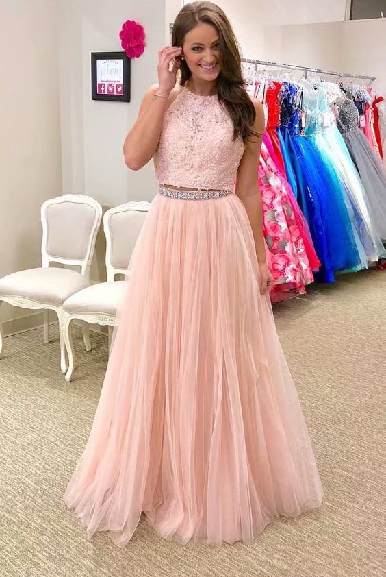 Pink Formal Women Dress Two Piece Prom Dresses With Lace Bodice, Prom Dress,prom Dresses For Teens,tulle Beading Evening Dresses