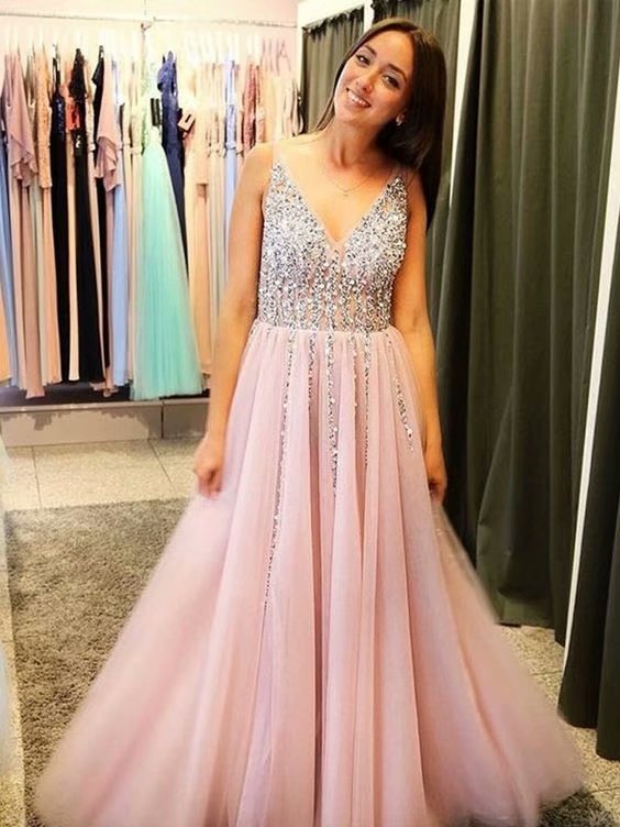 Beaded Pink Beading A-line V Neck Prom Dresses, Prom Dress,prom Dresses For Teens, Tulle Evening Dresses