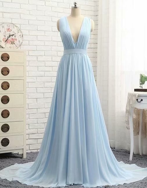 Long Light Blue Chiffon Prom Dresses, Prom Dress,prom Dresses For Teens,fashion A Line Evening Dresses