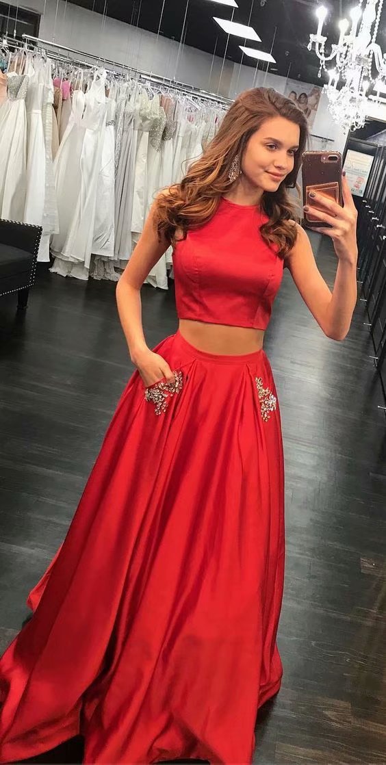 Red Two Piece A-line Prom Dresses With Pockets, Prom Dress,prom Dresses For Teens,satin Two Piece Evening Dresses