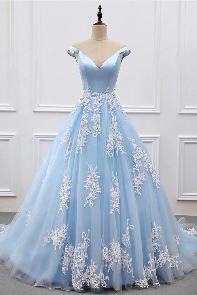 Light Blue Women Ball Gown Prom Dresses, Prom Dress,prom Dresses For Teens,tulle Lace Applique Off-shoulder Evening Dresses