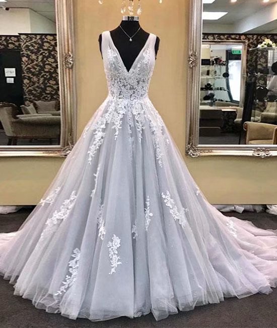Grey Ball Gown V Neck Prom Dresses, Prom Dress,prom Dresses For Teens,2019 Tulle Lace Applique Evening Dresses