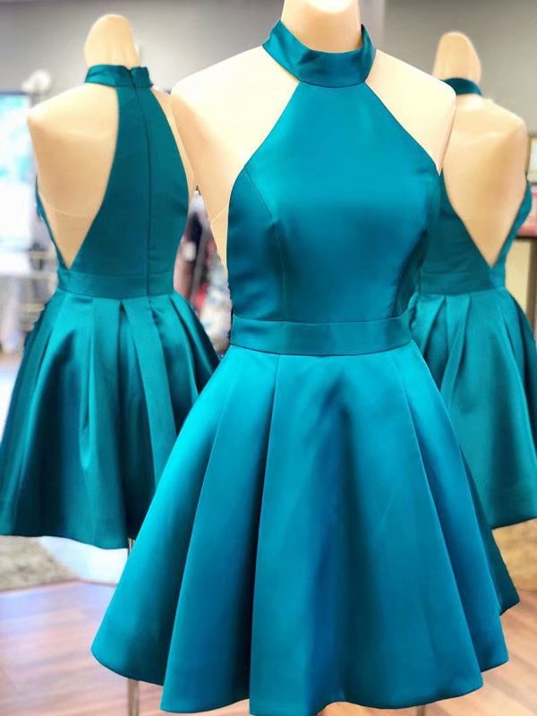 2019 Halter Turquoise Satin Homecoming Dresses Simple Women Party Dresses