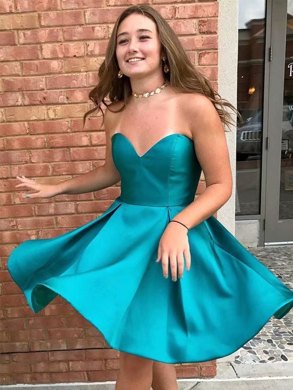 Turquoise Short Evening Formal Gowns Satin Homecoming Dresses Strapless Women Party Dresses