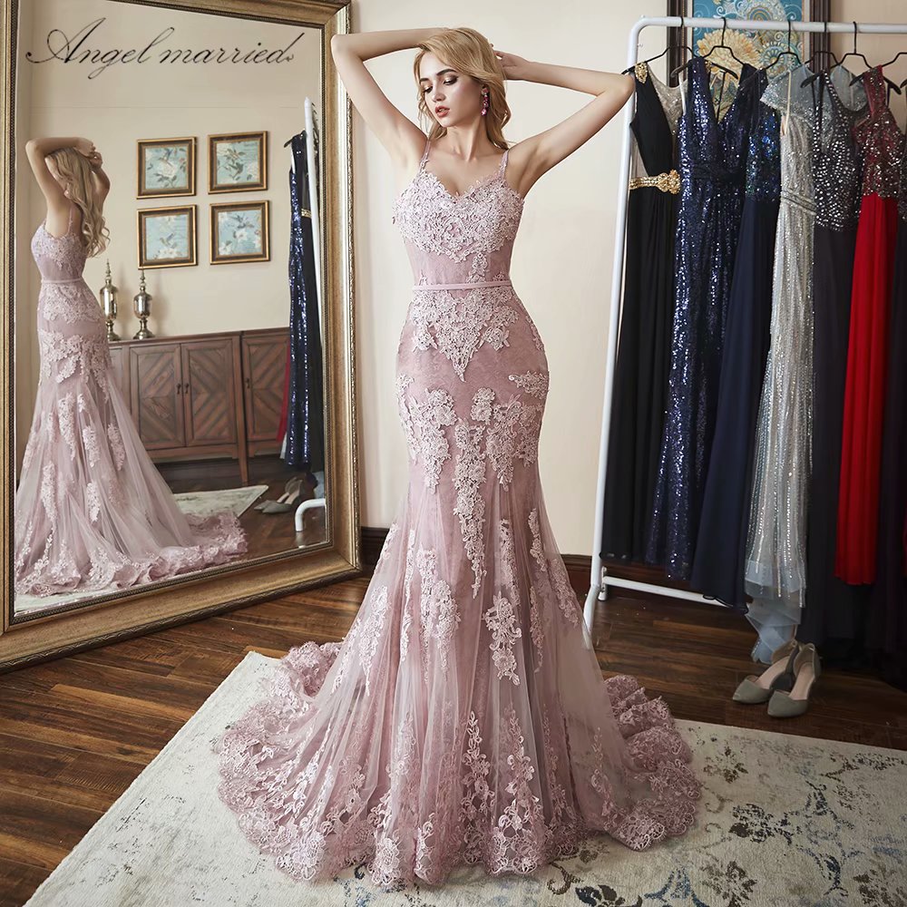Long Prom Dress Spaghetti Straps Pink Mermaid Lace Prom Dress,lace Applique Evening Dress
