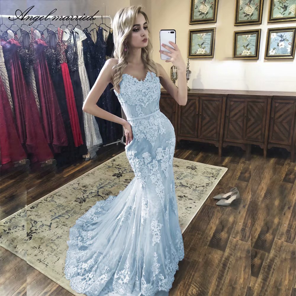 Light Blue Prom Gowns Mermaid Lace Prom Dress,v Neck Lace Applique Evening Dress