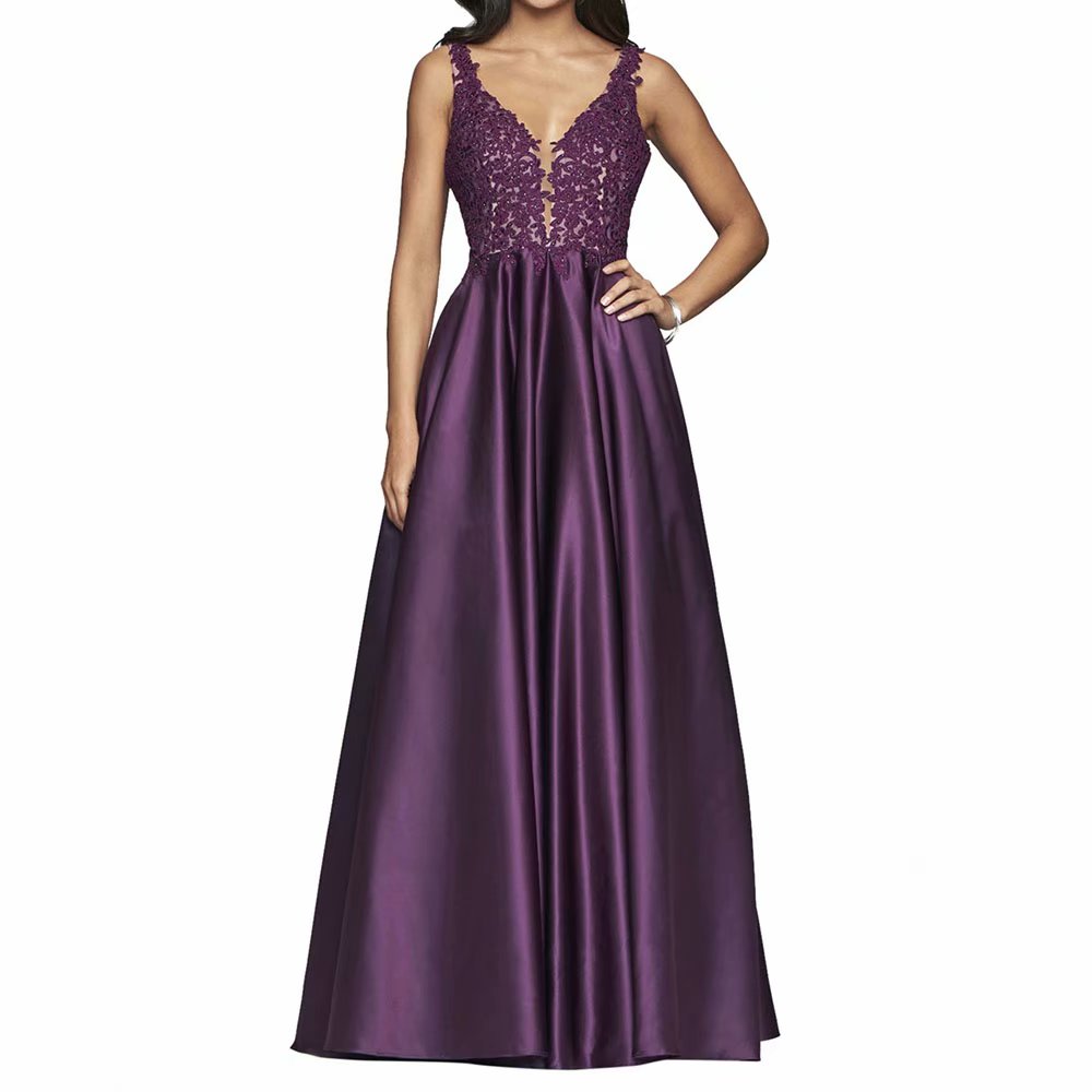 Purple Prom Gowns Lace Applique V Neck Prom Dress,satin Lace Applique Evening Dress