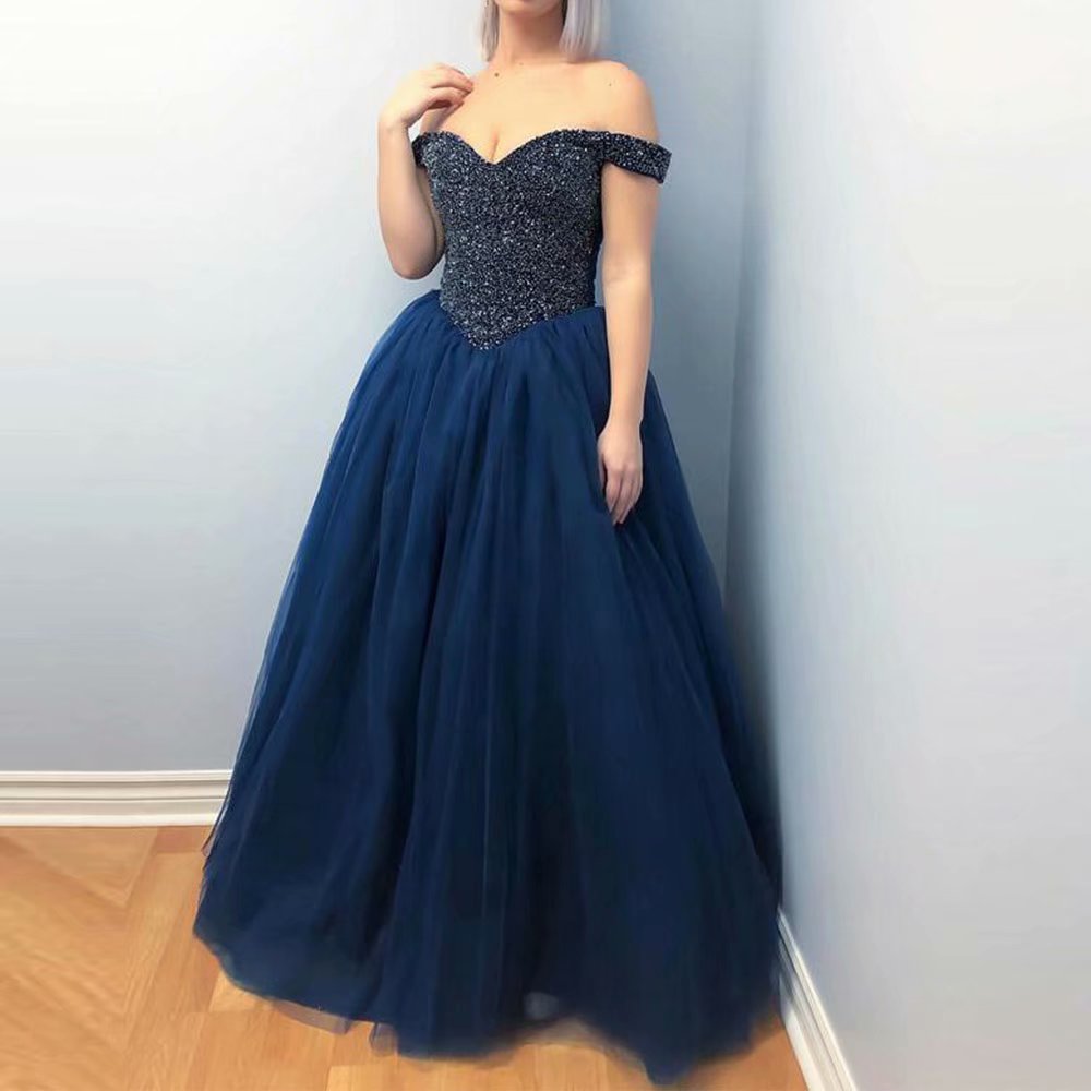 Off The Shoulder Navy Blue Tulle Prom Dress,sequined Beading Evening Dress