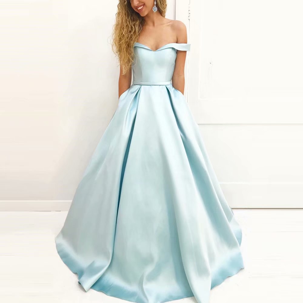 Off Shoulder Light Blue Satin Prom Dress,long Elegant Formal Party Evening Dress