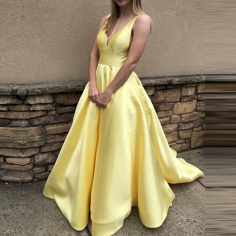 Yellow Bridesmaid Dress Satin V Neck Prom Dress, Formal Evening Dress