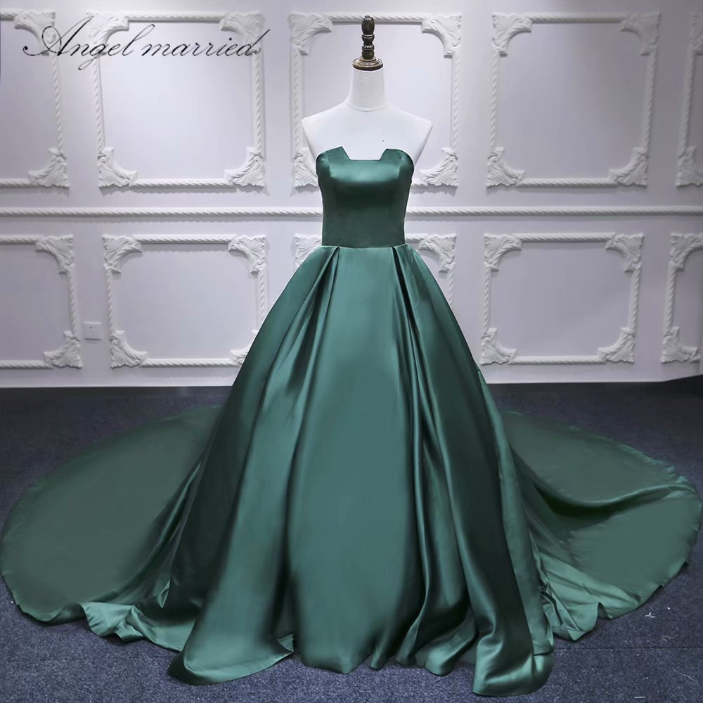Strapless Formal Gowns Dark Green Chapel Train Prom Dress,long Elegant Women Party Evening Dress