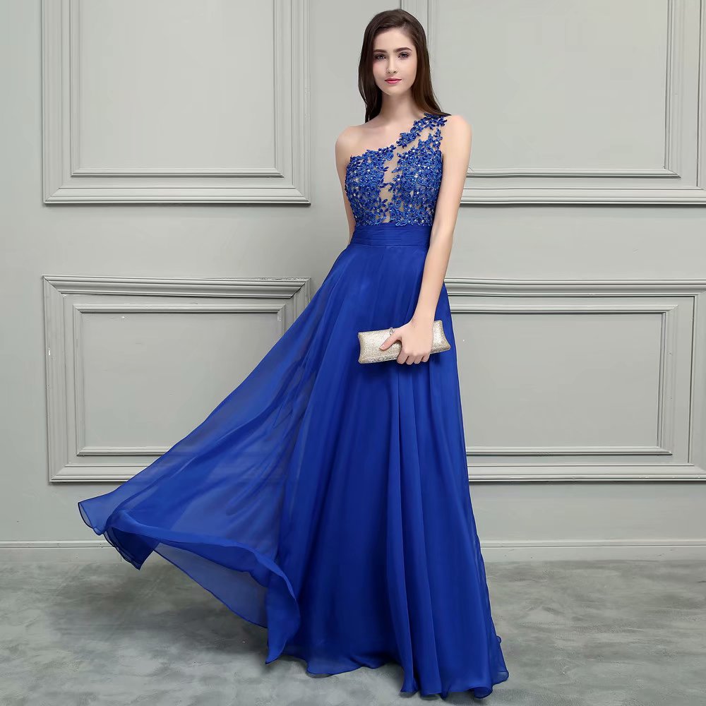 2019 Formal Dresses One Shoulder Illusion Lace Appliques Evening Dresses Beaded A Line Chiffon Royal Blue Party Dress Prom Gowns