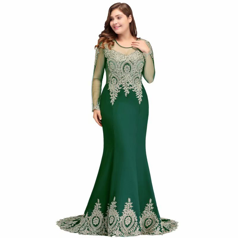 Green Formal Evening Dresses Newillusion Lace Appliques Beaded Long Sleeves Mermaid Green Sweep Train Party Dress Prom Gowns