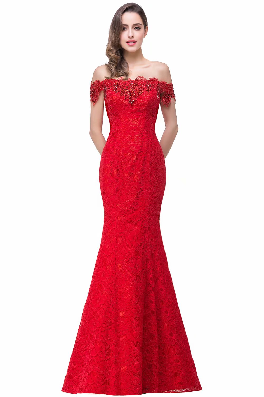 Luxury Fashion Prom Dress Red Lace Formal Gown Women Elegant Long Mermaid Party Dress