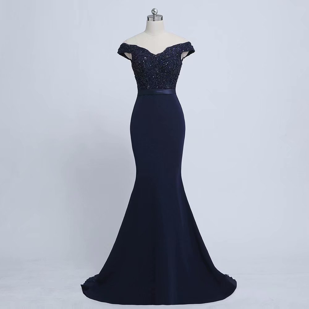 Applique Prom Dresses 2019 Off Shoulder Navy Blue Satin Sweep Train Sleeveless Evening Gown Mermaid Zipper Vestido De