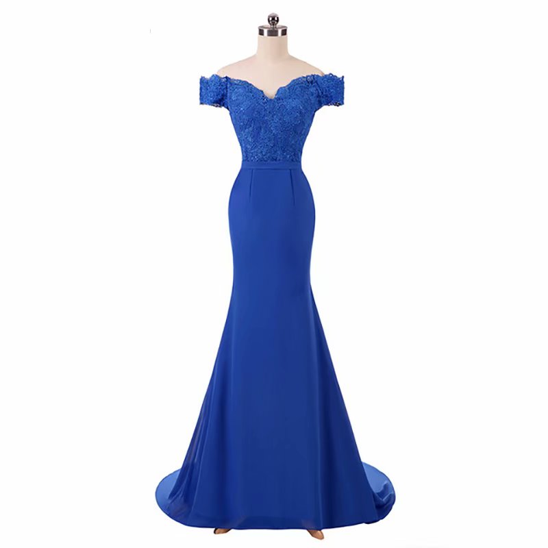 Lace Applique Prom Dresses 2019 V Neck Royal Blue Sweep Train Sleeveless Evening Gown Mermaid Lace Up Vestido De