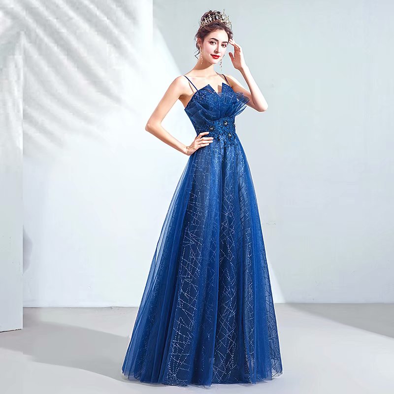 2019 Long Prom Dresses Luxury Beaded Spaghetti Straps Tulle Royal Blue Formal Evening Dress Party Gown Robe De Soiree