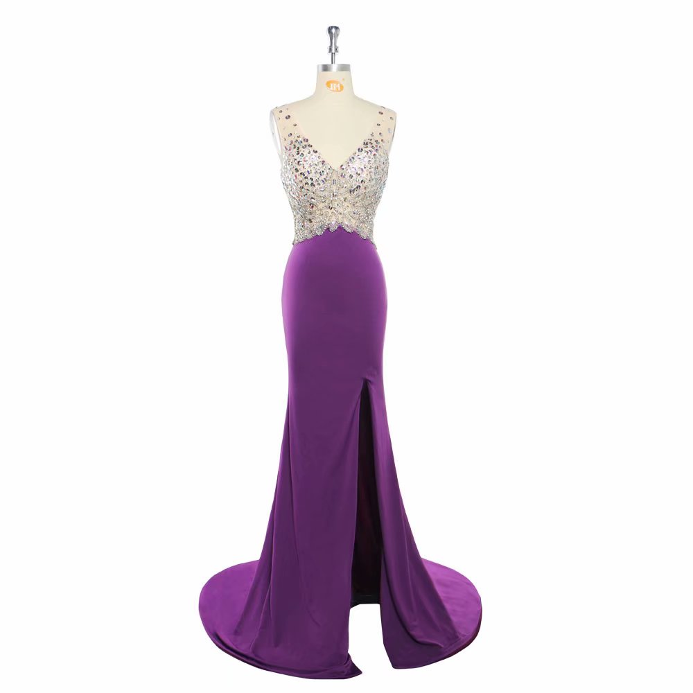 2019 Charming V Neck Sparkly Purple Prom Dresses 2019 Backless Evening Party Dress Elegant Sexy See Through High Split Vestido De Festa Real