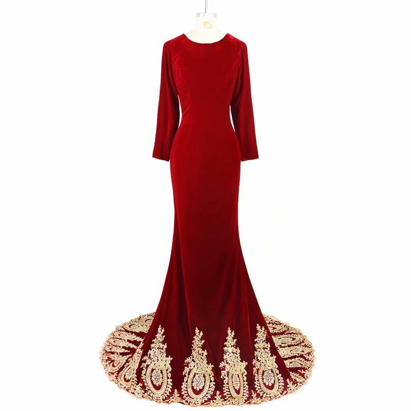 Long Formal Evening Gowns Red Prom Dresses 2019 O Neck Sweep Train Long Sleeve Evening Gown Mermaid Zipper Backless Vestido De