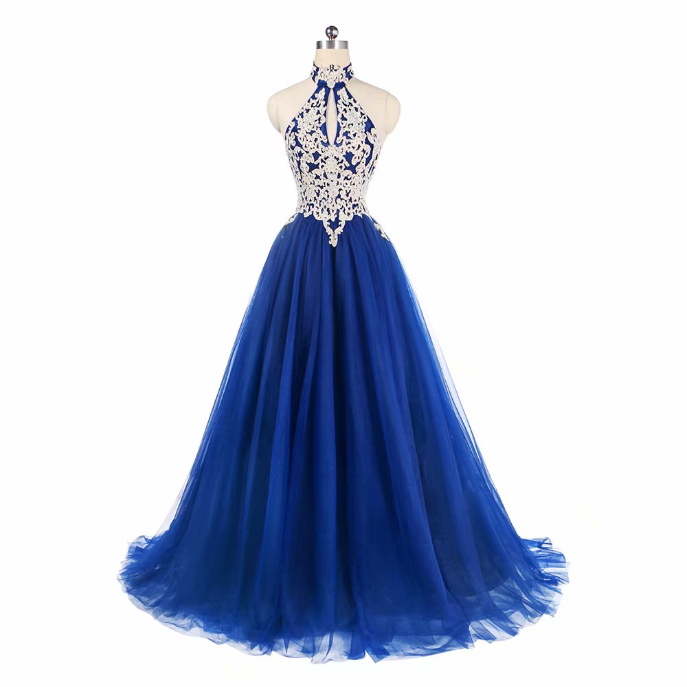 Halter Prom Dresses 2019 Blue Tulle Sweep Train Sleeveless Evening Gown A-line Backless Vestido De
