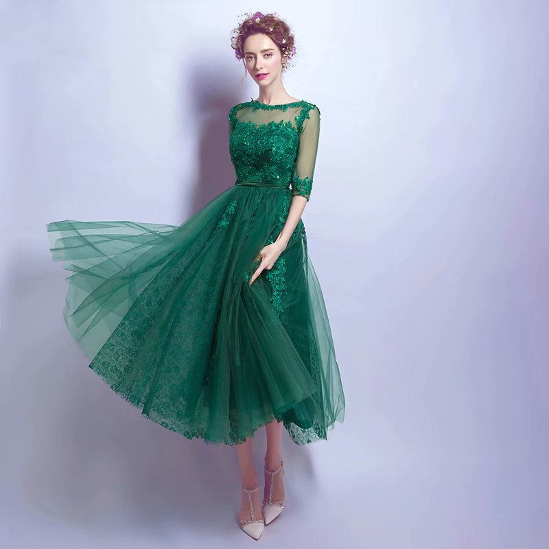 2019 Green Sexy Prom Dresses 2019 Tea Length Girl Tulle Half Sleeve Evening Dress Long Gown Zipper Party Dresses Robe De Soiree