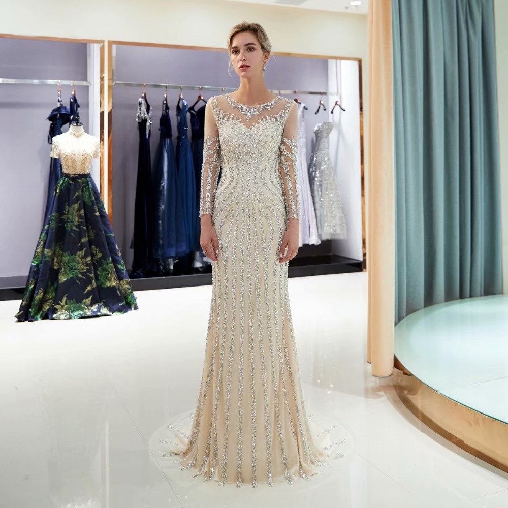 2019 Evening Dresses Sequined Sheer Neck Zipper Back Mermaid Party Gowns C Champagne Long Sleeve Floor-length Trumpet Prom Dresses