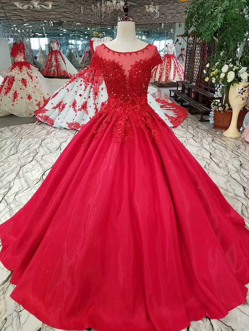 Free Shipping Evening dresses Sequined Scoop Neck Lace-Up back Ball Gown Party Gowns Red Floor-length Formal Prom dresses