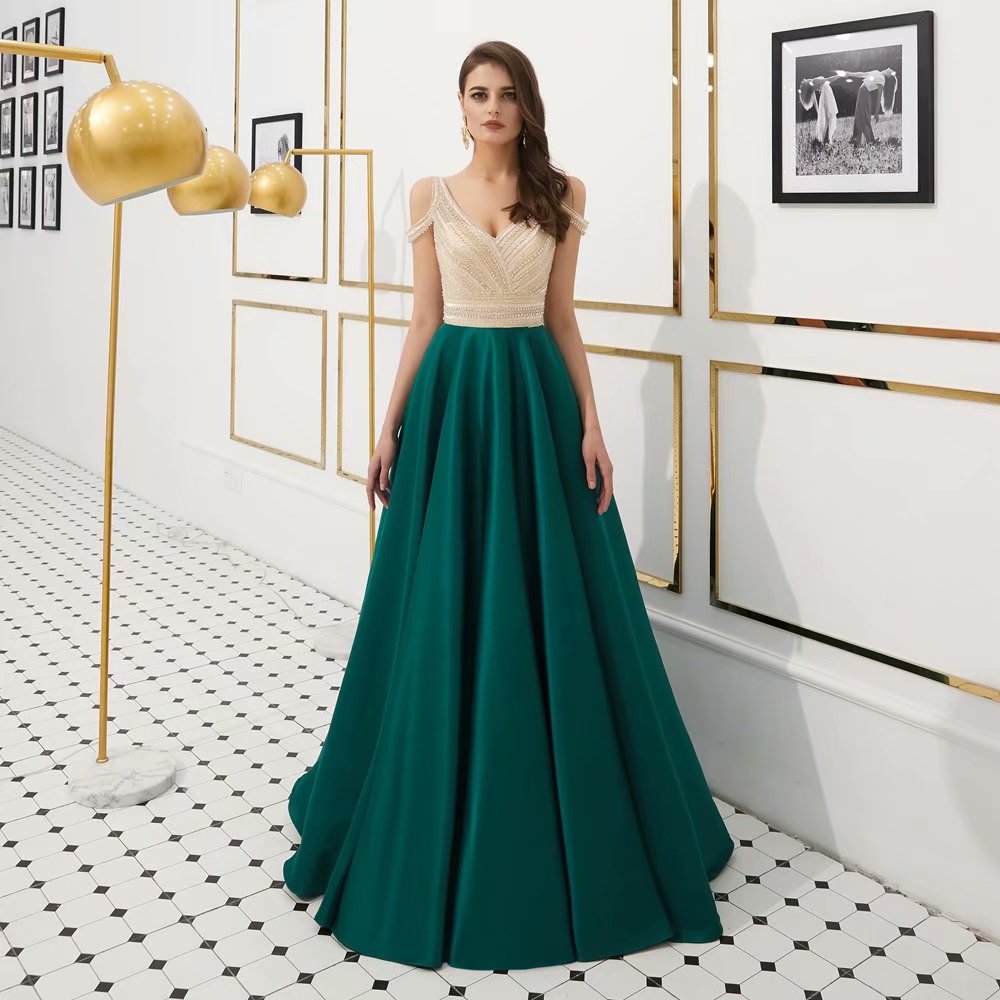 Elegant Evening Dresses Sequined V-neck Zipper Back Teal Green Beading Party Gowns Backless Floor-length A Line Prom Dresses