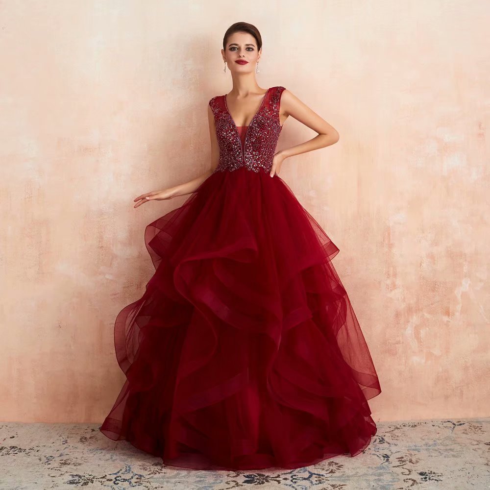 Wine-red Evening Dresses Sequined V-neck Zipper Back Burgundy Party Gowns Floor-length Beading Tulle Prom Dresses