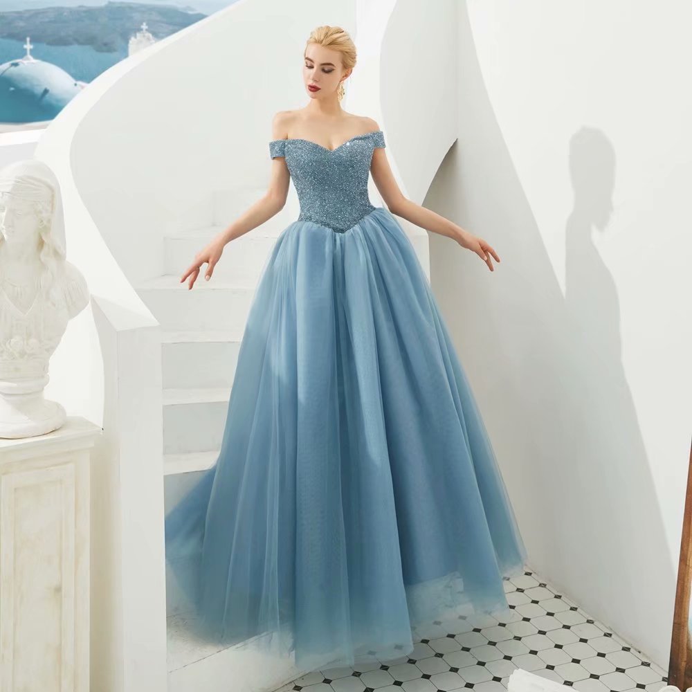 Fashion Evening dresses Sequined Light Blue Off Shoulder Ball Gown Party Gowns Lace-Up Floor-length Formal Prom dresses